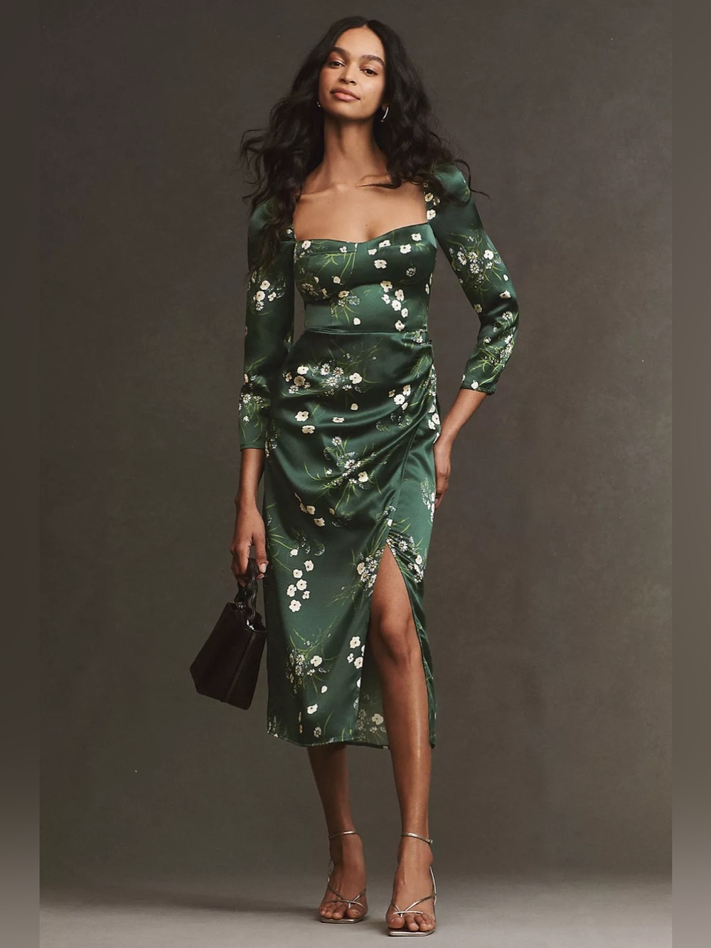 Reformation Gloriana Long-Sleeve Sweetheart Side-Slit Silk Midi Dress Size 2